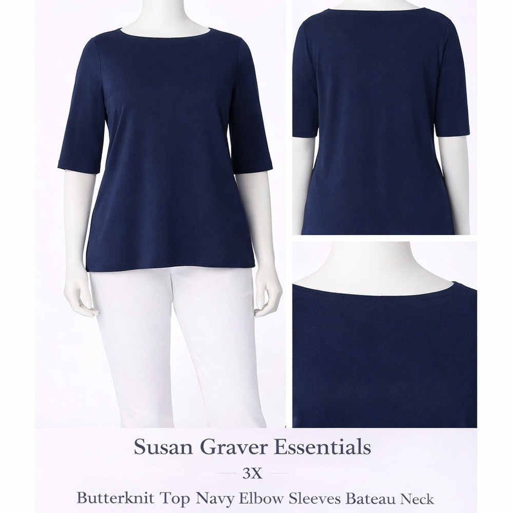 Susan Graver Essentials 3X Butterknit Top Navy Elbow Sleeves Bateau Neck A213063